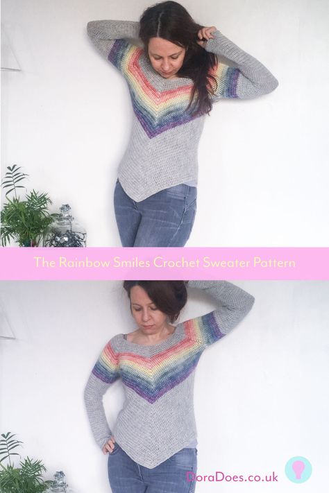 Introducing a brand new crochet pattern: The Rainbow Smiles V-Neck Sweater Insert some colour into your crochet wardrobe with this top down woman’s raglan crochet sweater worked in simple stitches. This is a great garment for beginner crochets looking to take on a sweater project, maybe for the first time. The pattern is written in US terms for sizes XS through to 3X.  #rainbow #rainbowcrochet #crochetpattern #crochetsweater #crochetwardrobe #doradoes #crochet #hookmehappy Crochet Sweater Free, Crochet Sweater Pattern, Crochet Sweater Pattern Free, Womens Crochet Patterns, Mode Crochet, Rainbow Crochet, Haken Baby, Crochet Cardigan Pattern, Sweater Crochet Pattern