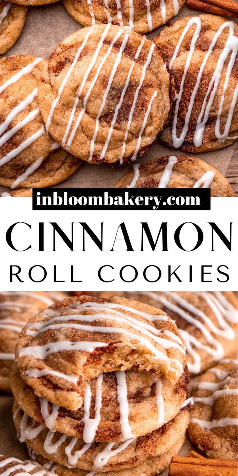 Cookie With Icing Recipe, Essen, Cinnamon Roll Cookie Recipe, Baking With Cinnamon, Easy Cinnamon Roll Cookies, Cookie Recipes Cinnamon Roll, Pumpkin Cinnamon Roll Cookies, Super Chewy Cookies, Frosted Cinnamon Roll Cookies