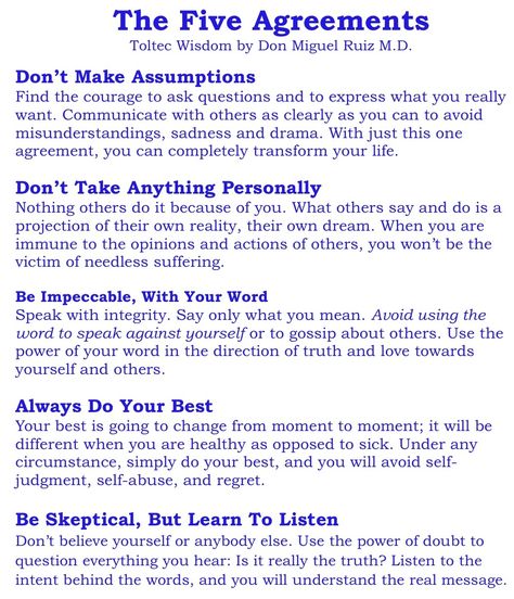 Don Miguel Ruiz' Five Agreements  1) don't make assumptions  2) don't tale anything personally  3) be impeccable, with your word 4) always do your best  5) be skeptical, but learn to listen  5) blah blah blah 5 Agreements, The Fifth Agreement, Fifth Agreement, Toltec Wisdom, The Opposites, The Four Agreements, Up Book, Mental And Emotional Health, Emotional Health