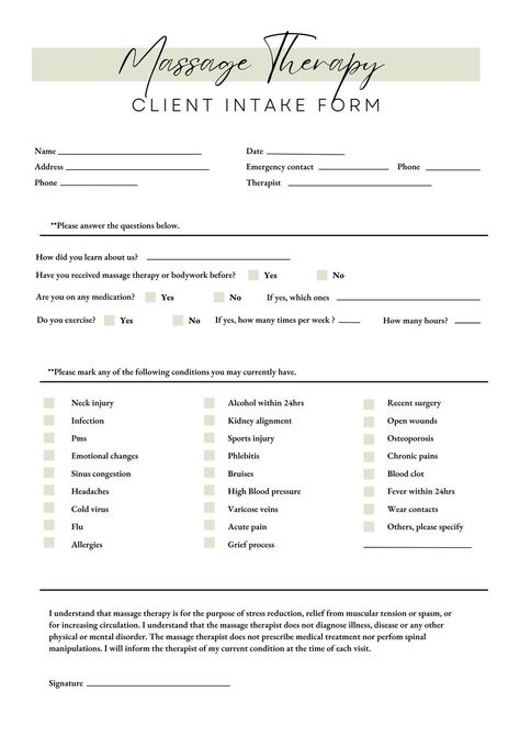 Therapy Templates, Massage Intake Forms, Client Intake Form, Massage Therapy Rooms, Sports Massage Therapy, Massage Therapy Business, Intake Form, Beauty Therapy Room, Massage Therapy Techniques