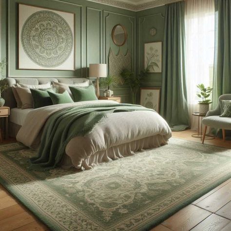 35 Soothing Green Bedroom Decor Ideas » HomeDecorFull Light Green Themed Bedroom, Green Natural Bedroom, French Bedroom Decor Vintage, Greek Bedroom Aesthetic, Green Victorian Bedroom, Mansion Bedrooms, Green Bedroom Decor Ideas, Victorian Style Bedroom, Greek Bedroom