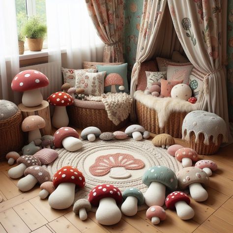 Mushroom Wall Art Wonderland Mushroom Wall Decor Diy, Mushroom Nursery Ideas, Mushroom Themed Nursery, Mushroom Themed Room, Mushroom Bedroom Decor, Mushroom Interior, Cottage Core Room Ideas, Nap Space, Mushroom Room Decor