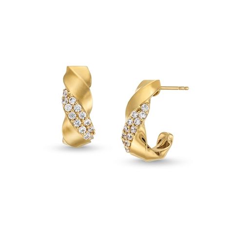 Double rows of sparkling diamonds catch the light in these chic J-hoop earrings. 10K gold Each J-shaped hoop features a sculpted twist and two diagonal rows of diamonds 1/2 ct. t.w. of diamonds Friction backs J Shape Earrings Gold, Gold Modern Jewellery, Baroque Pearls Jewelry, Texture Jewelry, Twisted Hoop Earrings, Bold Jewelry, Jewelry Lookbook, Diamond Hoop Earrings, Jewellery Design