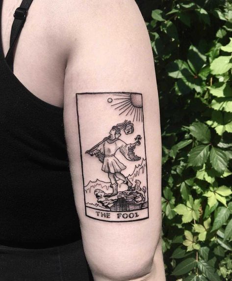 Tarot card ‘The fool’ tattoo on the back of the right upper arm by Bek Hai Tattoo, Upper Back Tattoos, Tarot Card Tattoo, Tarot Tattoo, Traditional Style Tattoo, Explore Tattoo, Strength Tattoo, Illustrator Design, Thigh Tattoos Women