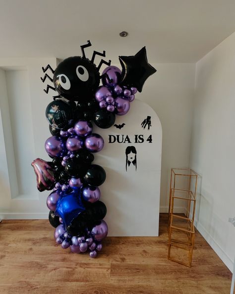 Wednesday Addams 🕷️🤌🏻🧛🏻‍♀️ our little client best theme! She’s so creative 💜 and she was definitely sooo excited about this set up 💜🎊 . . . . . . . . . #HalloweenVibes #augustSpookiness #WednesdayParty #SpookyBirthday #BirthdayTheme #SpookySeason #PartyIdeas #BirthdayInspo #PartySetUp #theaddams #theaddamsfamily #SpookyDecor #OctoberFun #WednesdayAddams #halloween2024 Wednesday Addams Birthday Party, Addams Family Theme Party, Wednesday Addams Birthday, Addams Family Theme, Balloons Decorations, Party Setup, Birthday Party Theme Decorations, Family Decor, Spooky Decor