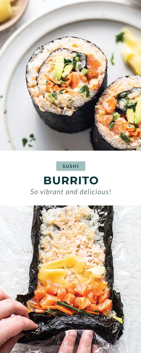 Our take on a simple salmon sushi burrito recipe packs all your favorite ingredients from a spicy salmon sushi roll rolled up burrito-style inside sushi nori. Enjoy! Sushi Burrito Recipe, Spicy Salmon Sushi, Burrito Ingredients, Sushi Nori, Nori Rolls, Salmon Sushi Rolls, Sushi Burrito, Tuna Poke Bowl, Burrito Recipe