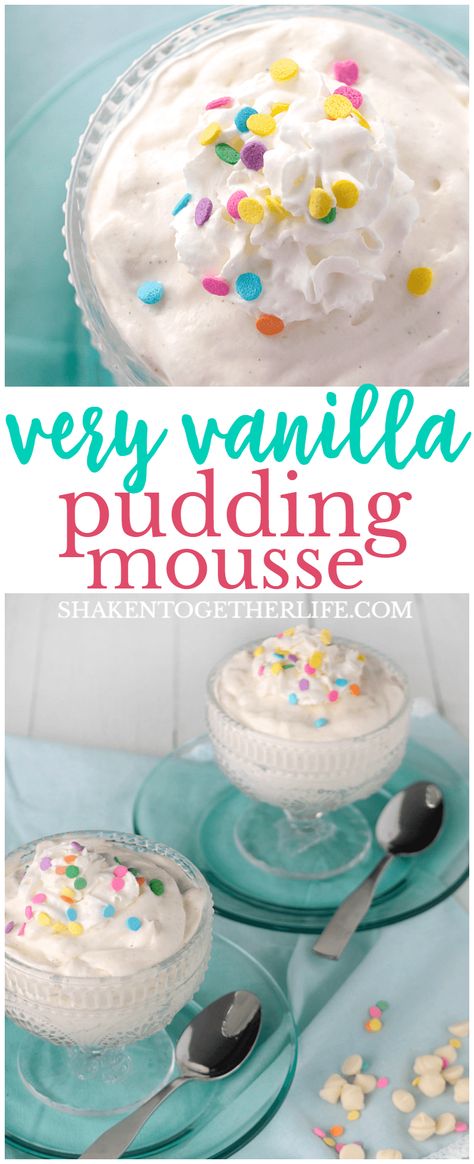 Creamy and fluffy, this Very Vanilla Pudding Mousse is a super simple no bake dessert with BIG vanilla flavor! Vanilla Pudding Desserts Easy, Vanilla Pudding Mousse, Vanilla Mousse Recipe, Instant Pudding Desserts, Vanilla Pudding Desserts, Movie Meals, Dessert Jar, Jello Pudding Recipes, Jello Pudding Desserts