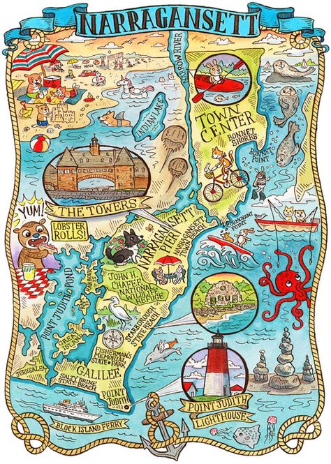 America Map Art, Rhode Island Map, Funny Maps, Watercolor And Ink Illustration, Narragansett Rhode Island, Map Making, New York City Map, North America Map, Pictorial Maps