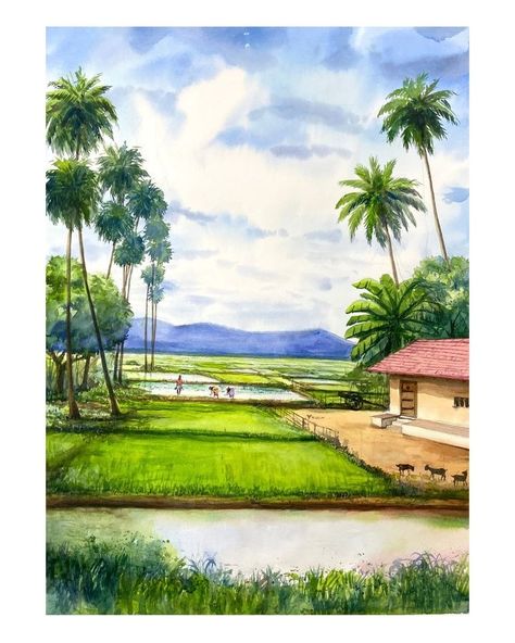 Navaneeth Art Gopalan (@navaneeth_gopalan) • Instagram photos and videos Watercolor Paintings Landscape Beautiful, Nature Drawing Pictures, Watercolor Scenery Painting, Scenery Drawing For Kids, Alphabet Drawing, Canvas Art Painting Acrylic, Drawing Scenery, Watercolor Scenery, Learn Watercolor Painting