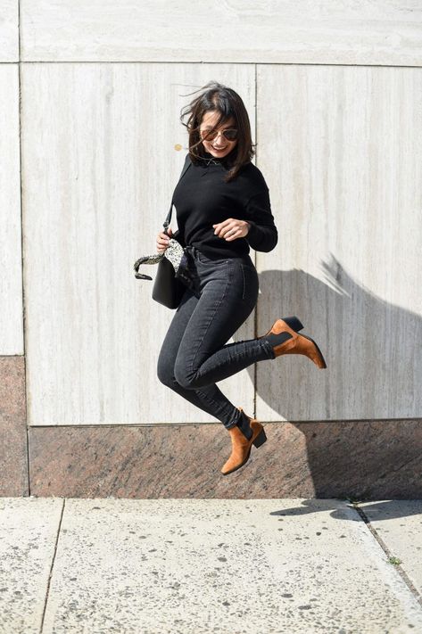 MY FAVORITE WESTERN-INSPIRED ANKLE BOOTS: 9 WAYS | Found 'em! A pair of tan, western-inspired ankle boots for all seasons. We're styling these lovers from Everlane for 9 cool outfit ideas. | #TheMomEditStyle #WesternInspiredBoots #WesternAnkleBoots #EverlaneAnkleBoots #TanChelseaBooties #AnkleBootsBlackJeans #EverlaneCashmereSweater #FallOutfitIdeas #BootsAndJeans #SuedeBoots Boot Dress Outfit, Ankle Boots Dress Outfit, Boots Dress Outfit, Camel Boots Outfit, Tan Ankle Boots Outfit, Ankle Boot Outfits, Boots Outfit Casual, Tan Boots Outfit, Brown Ankle Boots Outfit