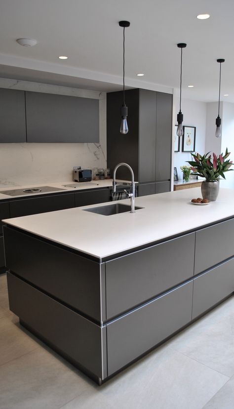 Handle Less Kitchen, Statement Island, Modern Dark Kitchen, Grey Kitchen Furniture, Modern Grey Kitchen Design, Dark Grey Kitchen Cabinets, Kitchen Design Showrooms, Ultra Modern Kitchen, Modern Grey Kitchen