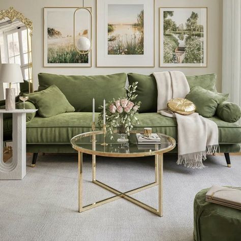 Living Room Design Green, Green Couch Living Room, Green Sofa Living Room, Green Living Room Decor, Colourful Living Room, Green Sofa, Room Color Schemes, Living Room Green, Decoration Inspiration