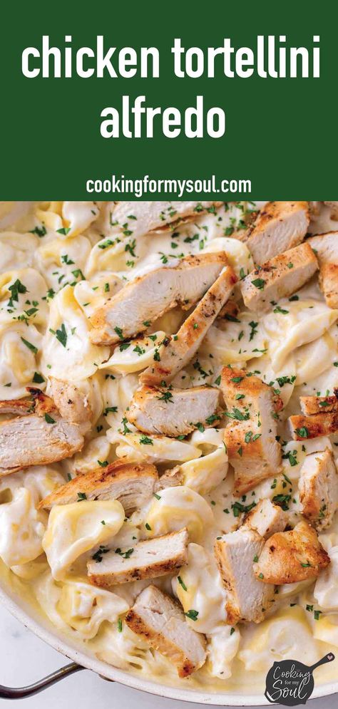 Chicken Tortellini Alfredo! This creamy and comforting chicken tortellini alfredo is the perfect weeknight dinner. It's so incredibly delicious and easy to make. Tortellini Recipes Chicken Alfredo Sauce, Cheese Tortellini Alfredo Recipes, 3 Cheese Tortellini Recipes Chicken, Chicken Taco Tortellini, Tortellini Rotisserie Chicken, Pasta Dinner Recipes Tortellini, Tortellini Alfredo With Chicken, Tortellini Casserole Alfredo, Chicken Tortellini Alfredo Recipes