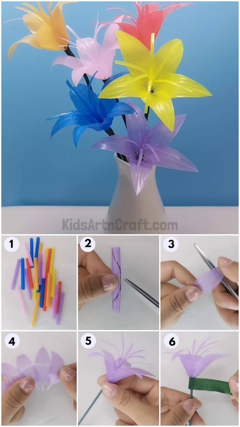 Plastic Straws Flower Making Craft Tutorial For Kids Check more at https://www.kidsartncraft.com/flower-making-craft-tutorial/ Recycled Straw Crafts, Plastic Straws Crafts, Straws Crafts, Plastic Straw Crafts, Flower Making Crafts, Straw Crafts, Craft Tutorial, Easy Crafts For Kids, Recycled Crafts