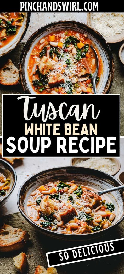 Tuscan White Bean Soup Vegan Tuscan White Bean Soup, White Bean Chicken Soup, Italian White Bean Soup, Mediterranean Soups, Senate Bean Soup, Creamy White Bean Soup, Mediterranean Soup, Creamy Beans, Tuscan White Bean Soup