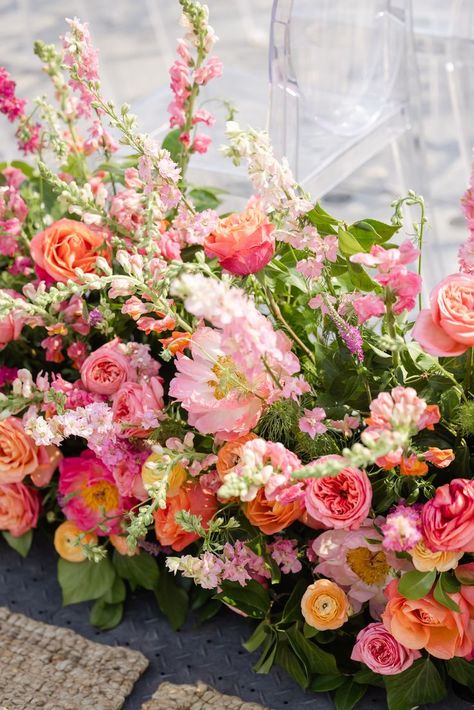 Pink Orange Wedding Flowers, Floral Hedge, Summer Ranch Wedding, Pink Veronica, Wedding Ceremony Aisle, Ranunculus Wedding, Orange And Pink Wedding, Coral Wedding Flowers, Colorful Bridal Bouquet