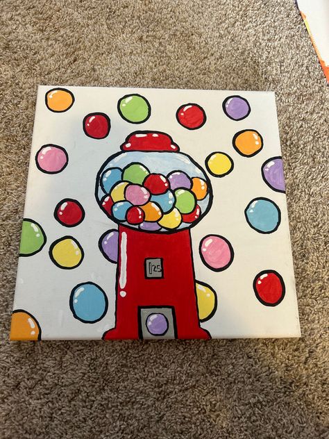 Hand painted bubble gum machine!! 10x10 canvas Super Easy Preschool Crafts, Canvas 10×10, Markers On Canvas Ideas, Painting For My Best Friend, Cool Small Paintings, Small Paintings For Beginners, Studio Art Projects, Simple Diy Canvas Art, Back To School Painting Ideas