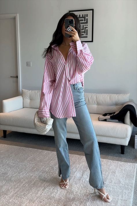 Oversized Pink Button Down, Pink Button Down Outfit Woman, White Pink Striped Shirt Outfit, Pink Stripe Button Down Shirt Outfit, Pink Dress Shirt Women Outfit, Pink And White Button Up Shirt Outfit, Pink Stripes Outfit, Pink Button Shirt Outfit, Pink Pinstripe Shirt Outfit