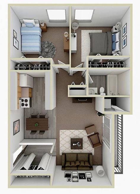 Small House Two Bedroom, Studio House Layout, Small Apartment Layout Floor Plans, Two Bedroom Apartment Layout, Apartment Two Bedroom, Apartments Layout, Apartment Blueprints, Small Apartment Layout, Bedroom Layout Design