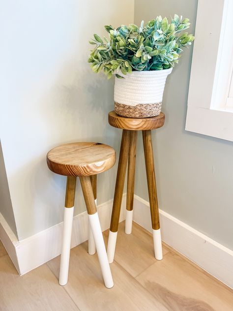 "This is a set of 2 Handmade Wooden Stools that can be used to match any of your decor needs. Perfect as a plant stand, accent stool, or small table! Each item is hand turned and made to order! These two stools have an 10\" top. Please select the heights you would like for the two stools to be.  In this bundle, one stool comes with straight legs and one stool comes with twisted legs.   If you would like a specific size to be the twisted legs, please message me. Otherwise it may vary.  Message me Plant Stand Stool, Plant Stand Makeover, Bar Stool Makeover, Plant Stand Wood, Diy Bar Stools, Wooden Plant Stand, Porch Design Ideas, Tall Plant Stands, Decorative Stand