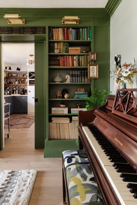 ORC Fall 2020 :: Week 6 - Studio Plumb Ranch Architecture, Green Bookshelves, Green Library, Dining Room Wallpaper, One Room Challenge, Room Challenge, Built In Bookcase, Diy Interior, Room Wallpaper