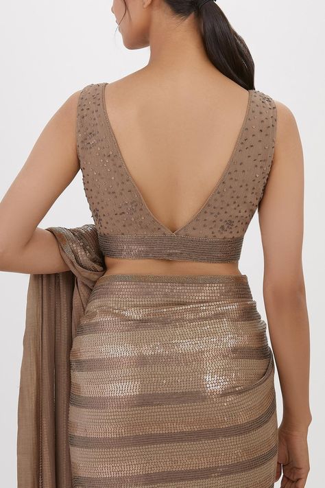 Buy Nakul Sen Grey Chiffon Stripe Pattern Saree With Sleeveless Blouse Online | Aza Fashions Blouse Designs For Sequin Saree, Lehriya Blouse Designs Latest, Sleeveless V Neck Blouse Designs, Blouse Back Neck Designs Pattern Fashion, V Neck Blouse Designs, Plunge Neck Blouse, Saree With Sleeveless Blouse, Sleeveless Blouse Pattern, Chiffon Blouses Designs