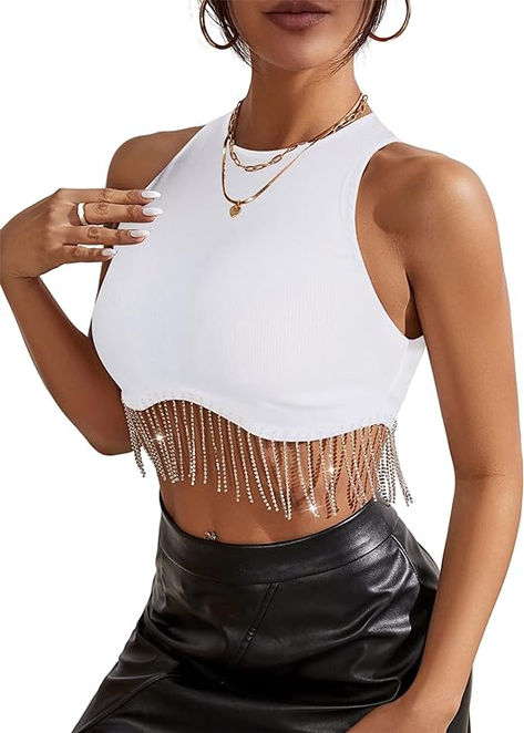 Cute outfit ideas for a Zach Bryan concert. #zachbryan #zachbryanconcertoutift #countryconcertoutfits #morganwallen #stagecoachoutfits #festivaloutfits #affiliatelink Work Tank Tops, Party Crop Tops, Fringe Crop Top, Trendy Crop Tops, Rhinestone Fringe, Bandeau Tops, Vest Crop Top, Rhinestone Top, Feminine Romantic