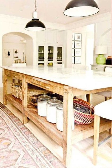 Island Without Seating, Kitchen Island Without Seating, Farmhouse Kitchen Designs, Kitchen With Open Shelving, Open Kitchen Cabinets, Homestead Kitchen, Rustic Ideas, Barn Kitchen, Farmhouse Kitchen Island