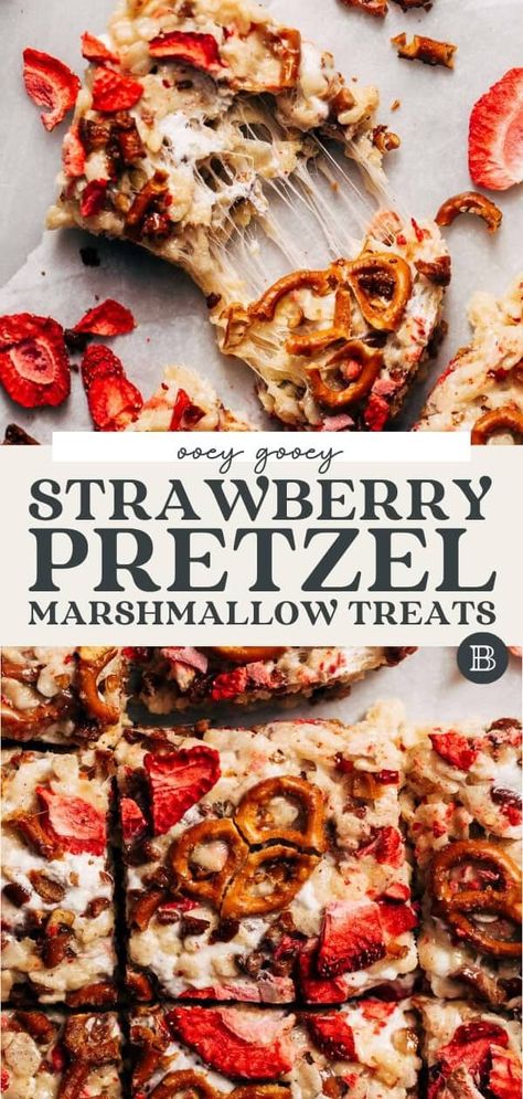 These strawberry pretzel marshmallow treats combine sweet freeze dried strawberries, crispy rice cereal, and roasted pretzels to create the easiest and most delicious marshmallow treat! Strawberry Pretzel Rice Crispy Treats, Pretzel Marshmallow Treats, Strawberry Rice Crispy Treats, Marshmellow Treats, Best Chocolate Chip Muffins, Butternut Bakery, Rice Crispy Treats Recipe, Allergy Friendly Desserts, Marshmallow Desserts