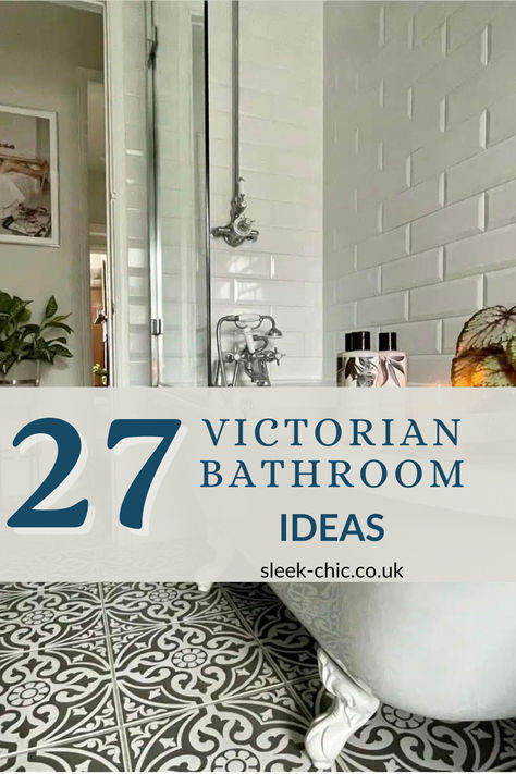 Transform your bathroom into a grand Victorian retreat with our guide to 27 stunning design ideas, each offering a unique take on moody vintage aesthetics. Dive into our guide for inspiration on using ornamental patterns, classic tilework, and period lighting to craft a space with old-world charm. Classic Tiled Bathrooms, 1890 Bathroom Ideas, London Bathroom Design, Bathroom Ideas For Old Houses, Heritage Home Bathroom, Navy Victorian Bathroom, Victorian Bathrooms Modern, Victorian Wetroom, Small Colonial Bathroom Ideas