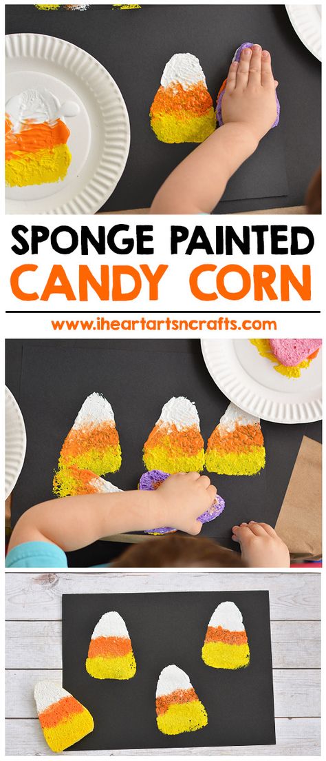 Corn Activity, Candy Corn Crafts, Halloween Art Projects, Halloween Crafts For Toddlers, October Crafts, Halloween Arts And Crafts, Sponge Painting, Halloween Preschool, Daycare Crafts