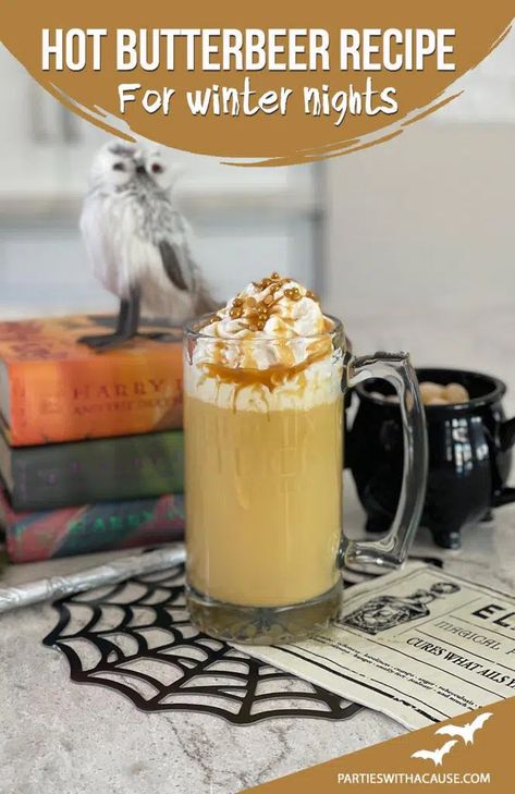 This easy hot butterbeer recipe is nonalcoholic and delicious for a Harry Potter party or chilly night! If you are looking for more Hogwarts Food and Harry Potter food ideas check out PartiesWithACause.com #hotbutterbeer #easybutterbeerrecipe #harrypotter Warm Butterbeer Recipe, Butterbeer Recipe Nonalcoholic, Butterbeer Recipe Alcoholic, Hogwarts Night, Hogwarts Food, Hot Butterbeer Recipe, Easy Butterbeer Recipe, Harry Potter Food Ideas, Butter Beer Recipe Harry Potter