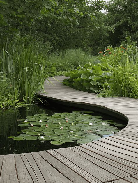 Deck Garden Ideas: Serene Boardwalk and Tranquil Pond Zen Landscape Ideas, Lily Pad Garden, Parking Garden Design, Deck With Water Feature, Garden Design Pond, Pond With Deck, Natural Pond Landscaping, Pond With Island, Deck Garden Ideas