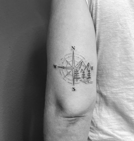 Mountain Compass Tattoo Men, Mountain And Compass Tattoo, Mountain And Compass Tattoo Design, Compass Mountain Tattoo, Compass Mountain Tattoo Design, Compass Forest Tattoo, Compass Mountain, Austin Tattoo, Travel Tattoo Ideas