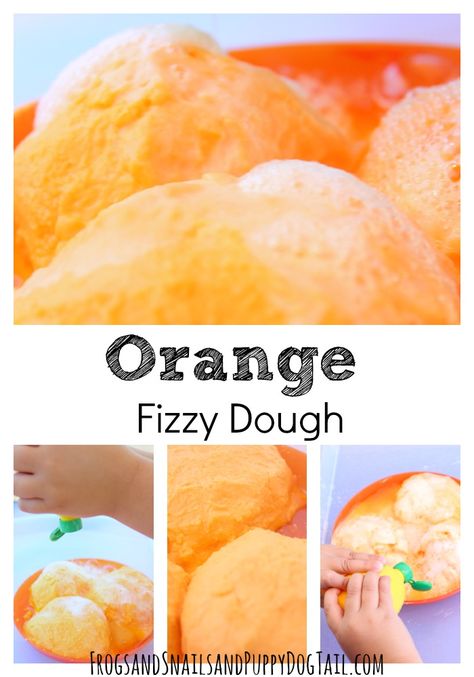 orange fizzy dough recipe for sensory play activity.  Also a simple science experiment for kids on FSPDT Fizzy Play, Science Experiments Kids Preschool, Kids Sensory Play, Sensory Dough, Science Experiment For Kids, Experiment For Kids, Simple Science, Play Activity, Creation Station