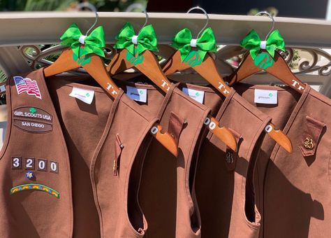 Brownie Vest, Girl Scout Vest, Bridging Ceremony, Girl Scout Bridging, Gs Logo, Girl Scout Daisy, Personalized Hangers, Delta Girl, Girl Scout Juniors