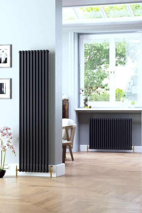 Now available straight from stock, this Roma radiator comes in a sleek and modern matt jet black finish. With its steel column design, this radiator is available in just a few days from a range of 25 different sizes. Black Radiator, Vertical Radiator, Column Radiator, Traditional Radiators, Black Radiators, Horizontal Radiators, Vertical Radiators, Load Bearing Wall, Column Radiators