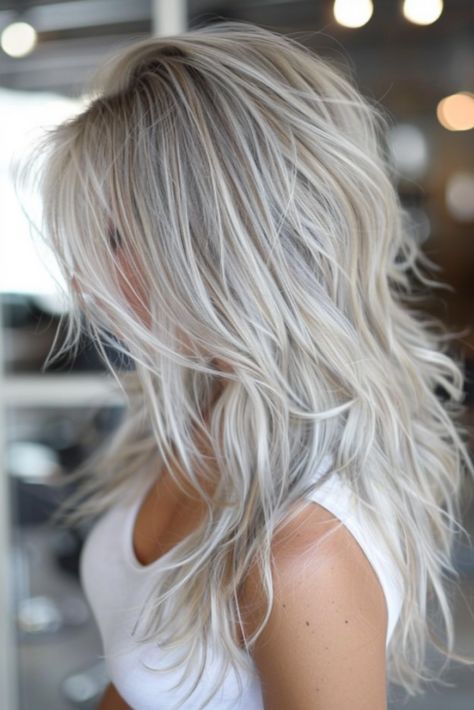 Blonde Ash Hair Highlights, Blonde For Grey Coverage, Blond Grey Balayage, Ash Blonde Grey Blending, Platinum White Hair Silver Icy Blonde, Blending Greys Into Blonde Hair, Popular Blonde Hair Color 2024, Creamy Ash Blonde Hair, White Sand Hair Color