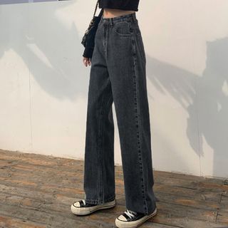 Baggy Fashion, Korean Jeans, Streetwear Chic, Jeans Models, Womens Wide Leg Pants, Black Retro, Straight Trousers, Trouser Style, Denim Cotton