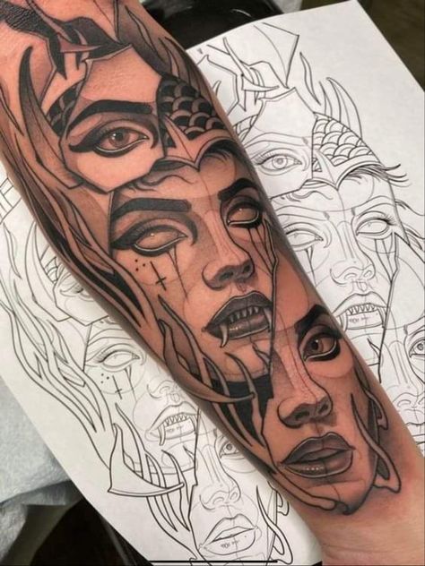 Gian Karle Tattoo, Two Face Woman Tattoo, Tattoo With Women Face, Forearm Tattoo Of Woman Face, Evil Goddess Tattoo, Two Faced Woman Tattoo, Tattoo Of Female Face, Split Face Tattoo Design, Two Face Tattoo Men