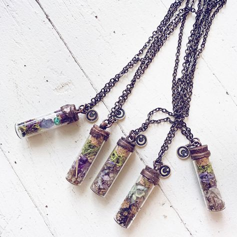 bewitch ii // tall spell jar glass bottle pendant necklaces by Peacock & Lime Mini Bottle Jewelry, Spell Jar Earrings, Spell Jar Jewelry, Mini Glass Bottles Ideas, Trinket Ideas, Spell Jar Necklace, Bottle Necklace Diy, Salt Lavender, Spell Bottles