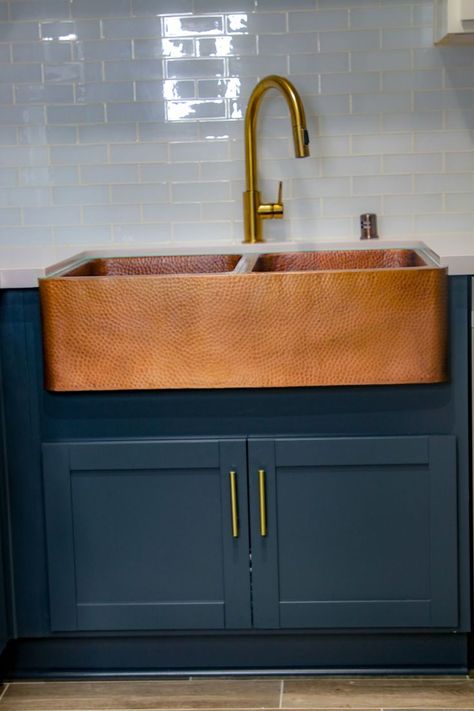 modern farmhouse kitchen design with navy cabinets, blue kitchen cabinets and copper apron sink and white subway tile backsplash, My Kitchen Remodel Reveal | STYLE WEEKENDER Copper Apron Sink, Modern Farmhouse Kitchen Design, Navy Cabinets, Kitchen Cabinet Trends, White Subway Tile Backsplash, Modern Farmhouse Kitchen, Blue Kitchen Cabinets, Apron Sink, Rustic Modern Kitchen