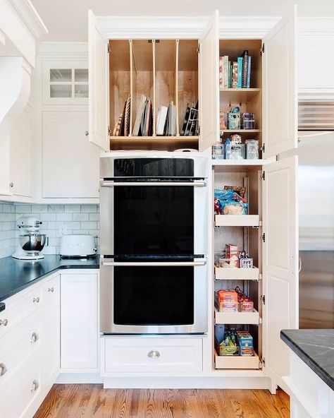 21 Kitchen Cabinet Organization Ideas You Need to Try Small Pantries, Small Pantry Cabinet, Cabinet Organization Ideas, Kitchen Cabinet Organization Ideas, Small Pantry Organization, Ceiling Shelves, Narrow Cabinet, Pantry Wall, Small Pantry