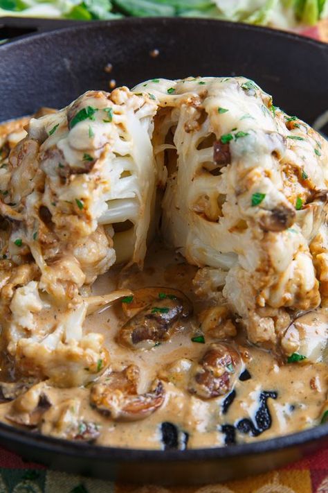 Roast Head of Cauliflower in Creamy Mushroom Sauce Roasted Cauliflower Head, Creamy Mushroom Sauce, Head Of Cauliflower, Buffalo Cauliflower, God Mat, Mushroom Sauce, Think Food, Cauliflower Recipes, Meatless Meals