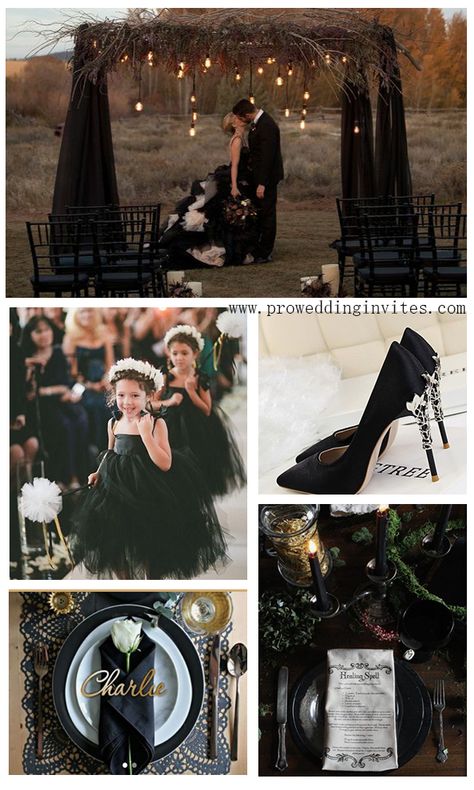 Black Wedding Dress Color Scheme, Beach Black Wedding, Black Fairytale Wedding, Rustic Black Wedding Decor, Black Themed Weddings, All Black Themed Wedding, Gangster Wedding Theme, Boho Goth Wedding, Black Aesthetic Wedding