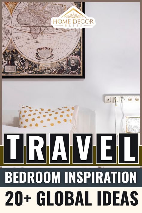 Around The World Bedroom Theme, Theme Bedroom Ideas For Adults, Travel Themed Guest Room, World Theme Bedroom, Travel Bedroom Aesthetic, Travel Room Ideas, Travel Inspired Bedroom, Travel Decor Ideas, World Map Bedroom