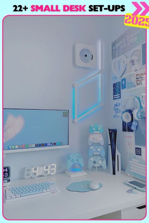 Futuristic white desk with neon lighting provides an organized, minimalistic workspace for small desk organization ideas in 2025. The lighting and sleek design make it perfect for tech lovers. Light Blue Gamer Aesthetic, Light Blue Room Inspo Aesthetic, Light Blue Pc Setup, Blue Gamer Room, Light Blue Gaming Setup, Blue Pc Setup, Baby Blue Room Aesthetic, Blue Gamer Setup, Small Desk Organization Ideas