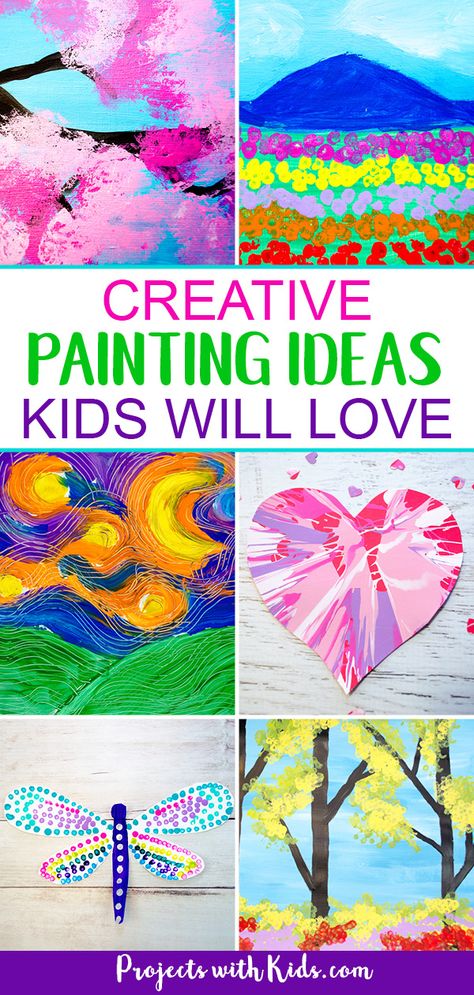 Awesome painting ideas for kids of all ages! Click to find fun and unique painting techniques for holidays, seasons or any time that kids will love! #kidsart #kidspainting #projectswithkids Guided Painting For Kids, Unique Painting Techniques, Easy Painting For Kids, Kids Painting Projects, Painting Ideas For Kids, Kids Canvas Art, Inspired Painting, Art Projects For Kids, Kids Painting