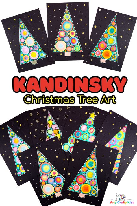 Kandinsky Christmas Tree Circle Art Grade 2 Christmas Art Ideas, Winter Trees Template, 1st Grade Holiday Art Lessons, Kindergarten Art Christmas, Christmas Art Primary School, Fun Christmas Art Projects For Kids, Collaborative Christmas Tree Art Project, Christmas Art For 3rd Grade, Holiday Art For Kindergarten