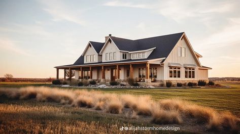 Black And White Country House, Modern Farm Style Homes, Barnodium Homes Exterior Colors, Western Farmhouse Exterior, White House Black Trim Wrap Around Porch, Small Western House Exterior, Big House On A Farm, Western Houses Ranch Style Exterior, Farm Ranch House Exterior